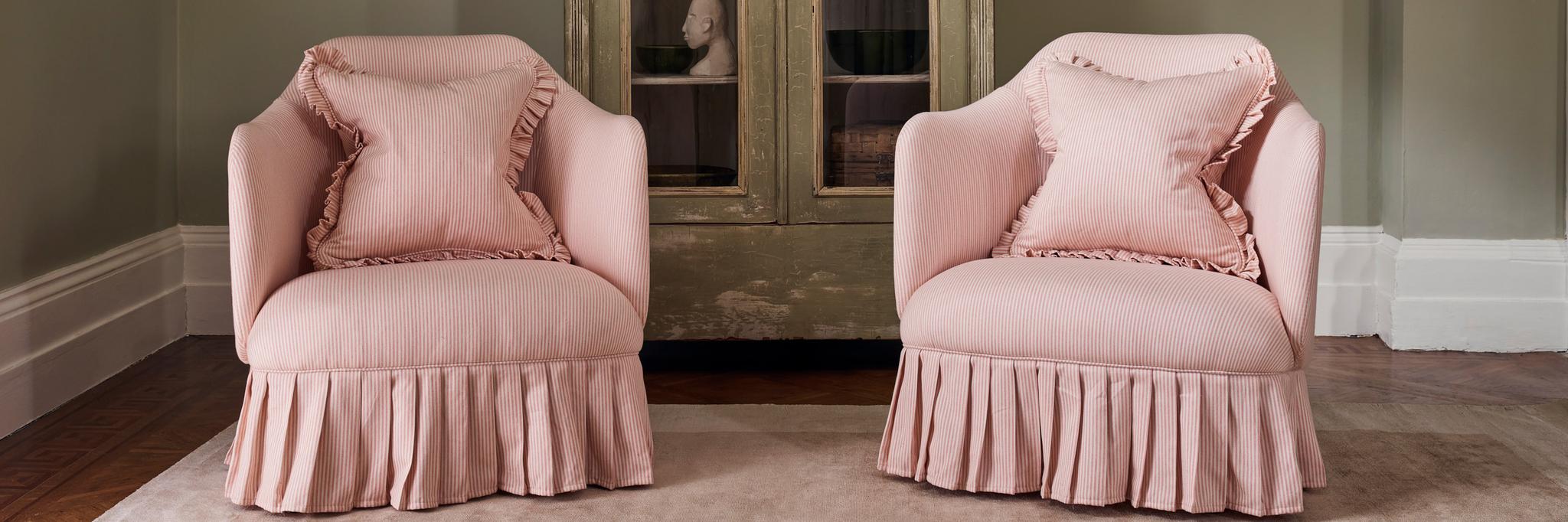 Two Mable Armchairs in Pink Small Stripe fabric